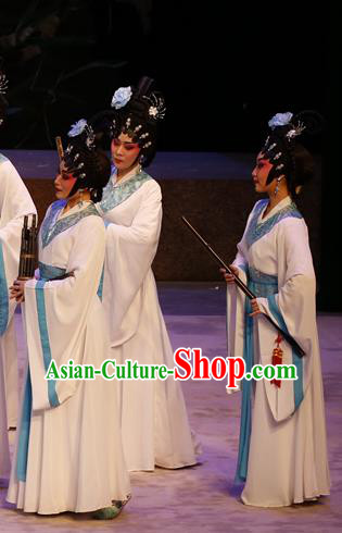 Chinese Cantonese Opera Palace Lady Garment Southern Tang Emperor Costumes and Headdress Traditional Guangdong Opera Xiaodan Apparels Court Maid White Dress