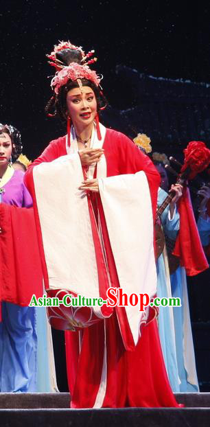Chinese Cantonese Opera Young Female Garment Empress Zhou the Lesser Costumes and Headdress Traditional Guangdong Opera Queen Apparels Hua Tan Red Dress