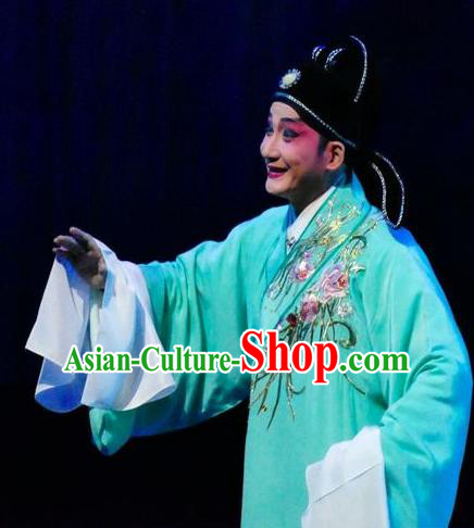 Hua Jian Ji Chinese Guangdong Opera Scholar Apparels Costumes and Headpieces Traditional Cantonese Opera Liang Yicang Garment Xiaosheng Green Robe Clothing