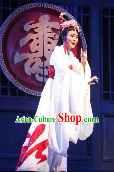 Chinese Cantonese Opera Actress Garment Empress Zhou the Lesser Costumes and Headdress Traditional Guangdong Opera Queen Apparels Hua Tan White Dress