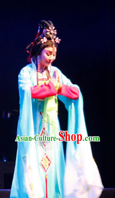 Chinese Cantonese Opera Diva Garment Empress Zhou the Lesser Costumes and Headdress Traditional Guangdong Opera Queen Apparels Hua Tan Blue Dress