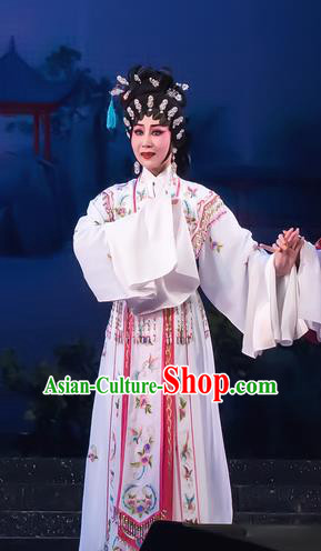 Chinese Cantonese Opera Huadan Garment The Romance of Hairpin Costumes and Headdress Traditional Guangdong Opera Young Female Apparels Actress Qian Yulian White Dress