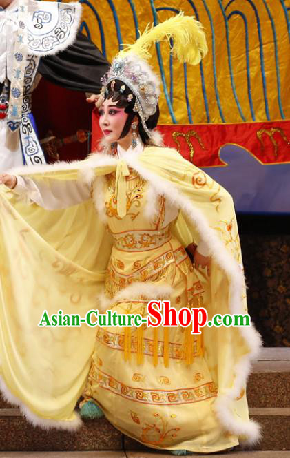 Chinese Cantonese Opera Actress Jiang Yunxia Garment General Ma Chao Costumes and Headdress Traditional Guangdong Opera Hua Tan Apparels Young Female Yellow Dress