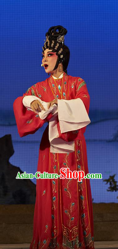 Chinese Cantonese Opera Young Female Garment Legend of Lun Wenxu Costumes and Headdress Traditional Guangdong Opera Hua Tan Apparels Rich Lady Red Dress