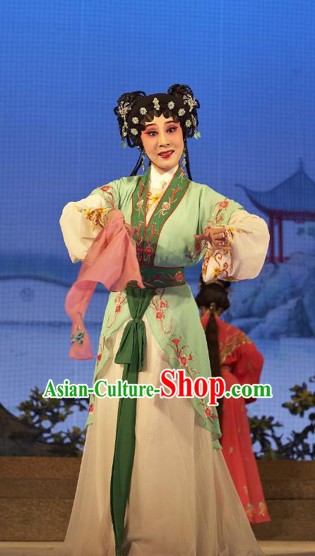 Chinese Cantonese Opera Young Lady A Xiu Garment Legend of Lun Wenxu Costumes and Headdress Traditional Guangdong Opera Xiaodan Apparels Servant Girl Dress
