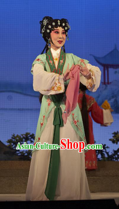 Chinese Cantonese Opera Young Lady A Xiu Garment Legend of Lun Wenxu Costumes and Headdress Traditional Guangdong Opera Xiaodan Apparels Servant Girl Dress