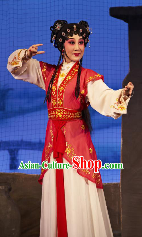 Chinese Cantonese Opera Maid Lady A Xiu Garment Legend of Lun Wenxu Costumes and Headdress Traditional Guangdong Opera Xiaodan Apparels Servant Girl Red Dress