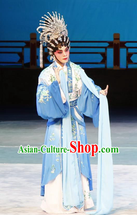 Chinese Cantonese Opera Actress Xi Shi Garment Meng Hui Tai Hu Costumes and Headdress Traditional Guangdong Opera Diva Apparels Young Beauty Blue Dress