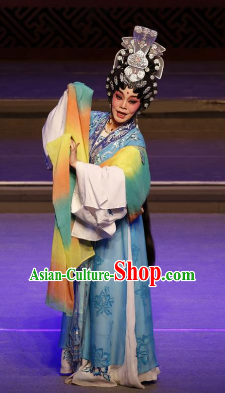 Chinese Cantonese Opera Young Beauty Blue Garment Meng Hui Tai Hu Costumes and Headdress Traditional Guangdong Opera Diva Apparels Actress Xi Shi Dress