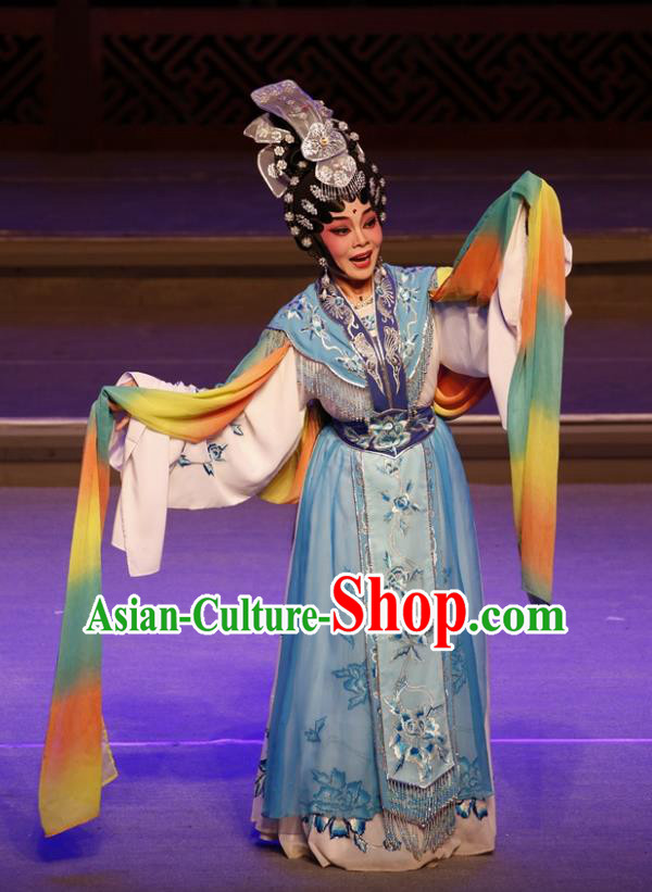 Chinese Cantonese Opera Young Beauty Blue Garment Meng Hui Tai Hu Costumes and Headdress Traditional Guangdong Opera Diva Apparels Actress Xi Shi Dress