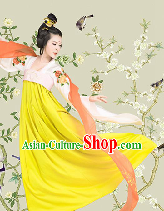 Chinese Traditional Tang Dynasty Palace Lady Historical Costumes Ancient Drama Noble Woman Yellow Hanfu Dress Apparels and Headpieces Complete Set