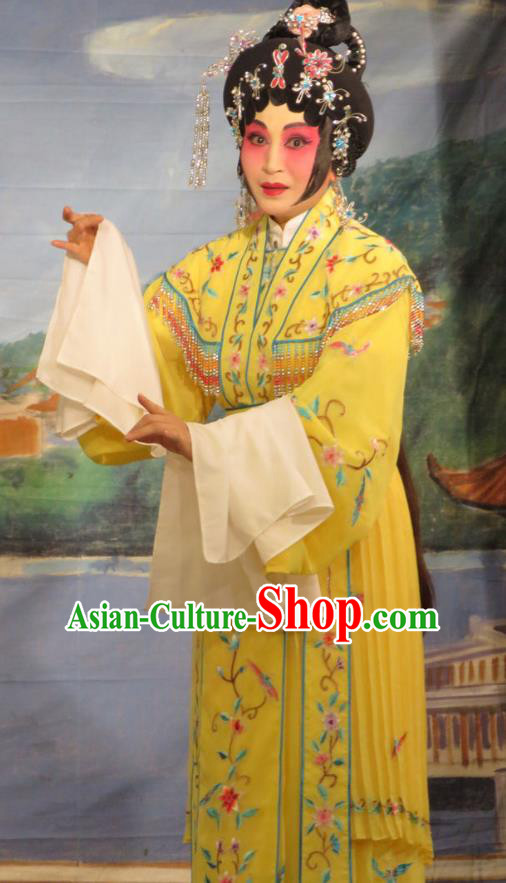 Chinese Cantonese Opera Young Female Garment Hua Tian Ba Xi Hairpin Costumes and Headdress Traditional Guangdong Opera Hua Tan Apparels Rich Lady Yellow Dress