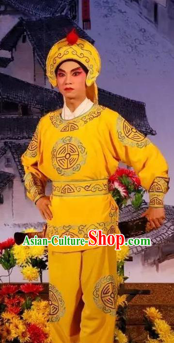 Hun Qian Zhu Ji Xiang Chinese Guangdong Opera Soldier Apparels Costumes and Headpieces Traditional Cantonese Opera Wusheng Garment Warrior Yellow Clothing