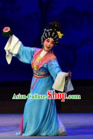 Chinese Cantonese Opera Young Woman Garment Hun Qian Zhu Ji Xiang Costumes and Headdress Traditional Guangdong Opera Actress Apparels Hua Tan Blue Dress