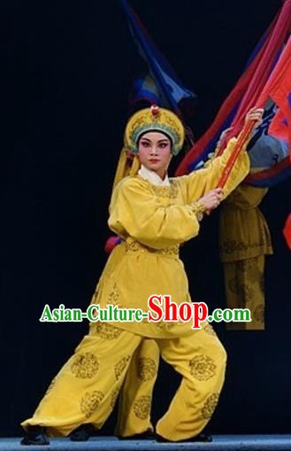 Yuan Yang Sword Chinese Guangdong Opera Wusheng Apparels Costumes and Headpieces Traditional Cantonese Opera Soldier Garment Warrior Yellow Clothing