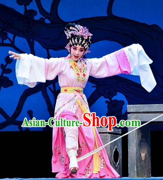 Chinese Cantonese Opera Young Female Garment Yuan Yang Sword Costumes and Headdress Traditional Guangdong Opera Hua Tan Apparels Qin Huilan Pink Dress