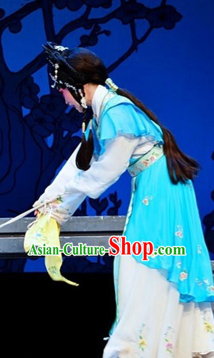 Chinese Cantonese Opera Swordswoman Garment Yuan Yang Sword Costumes and Headdress Traditional Guangdong Opera Hua Tan Apparels Martial Female Qin Huilan Blue Dress