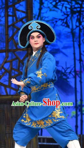 Hun Qian Zhu Ji Xiang Chinese Guangdong Opera Martial Man Apparels Costumes and Headpieces Traditional Cantonese Opera Wusheng Garment Swordsman Blue Clothing