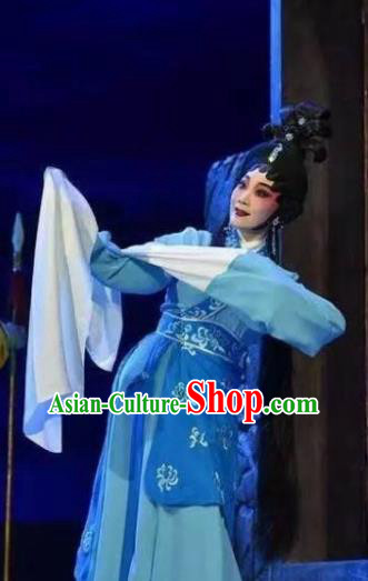 Chinese Cantonese Opera Diva Garment Hun Qian Zhu Ji Xiang Costumes and Headdress Traditional Guangdong Opera Hua Tan Apparels Imperial Concubine Hu Blue Dress