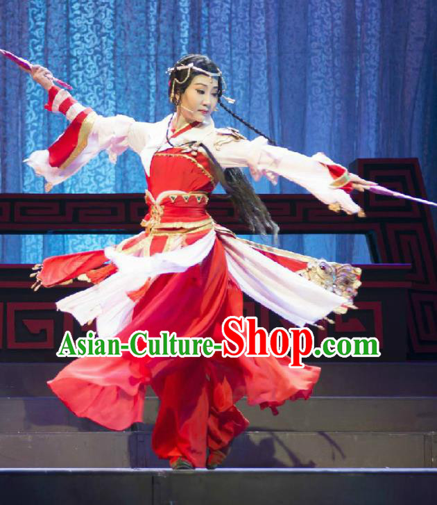 Chinese Cantonese Opera Young Lady Garment Fighting for the Great Tang Empire Costumes and Headdress Traditional Guangdong Opera Swordswoman Apparels Red Dress