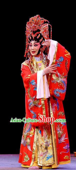 Chinese Cantonese Opera Hua Tan Garment Diao Man Gong Zhu Gan Fu Ma Costumes and Headdress Traditional Guangdong Opera Princess Fengxia Apparels Actress Red Dress