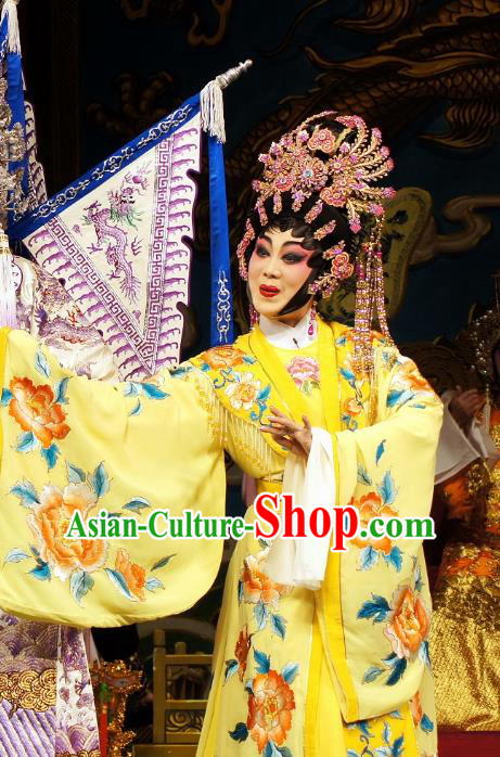 Chinese Cantonese Opera Court Lady Garment Diao Man Gong Zhu Gan Fu Ma Costumes and Headdress Traditional Guangdong Opera Hua Tan Apparels Princess Yellow Dress