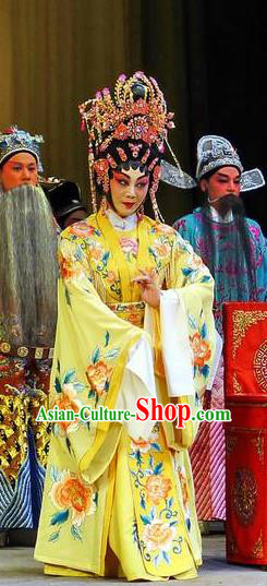 Chinese Cantonese Opera Court Lady Garment Dian Man Gong Zhu Gan Fu Ma Costumes and Headdress Traditional Guangdong Opera Hua Tan Apparels Princess Yellow Dress