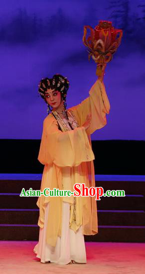 Chinese Cantonese Opera Goddess Ling Zhi Garment The Lotus Lantern Costumes and Headdress Traditional Guangdong Opera Xiaodan Apparels Maidservant Yellow Dress
