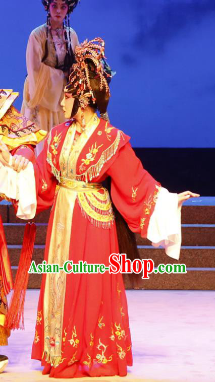 Chinese Cantonese Opera Goddess Red Garment The Lotus Lantern Costumes and Headdress Traditional Guangdong Opera Hua Tan Apparels Young Female Dress