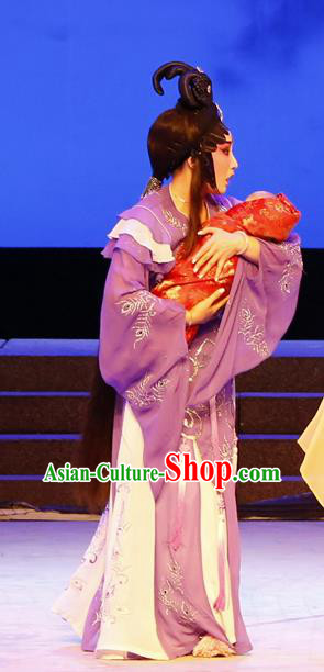 Chinese Cantonese Opera Young Female Garment The Lotus Lantern Costumes and Headdress Traditional Guangdong Opera Actress Apparels Distress Woman Purple Dress