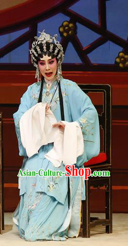 Chinese Cantonese Opera Young Mistress Garment The Lotus Lantern Costumes and Headdress Traditional Guangdong Opera Actress Apparels Wang Guiying Blue Dress