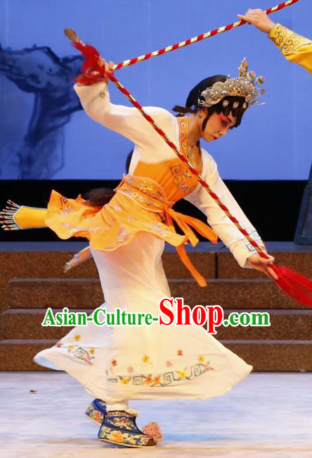Chinese Cantonese Opera Wudan Garment The Lotus Lantern Costumes and Headdress Traditional Guangdong Opera Martial Female Apparels Goddess Ling Zhi Dress