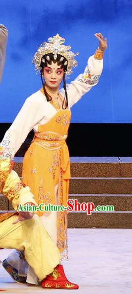 Chinese Cantonese Opera Wudan Garment The Lotus Lantern Costumes and Headdress Traditional Guangdong Opera Martial Female Apparels Goddess Ling Zhi Dress