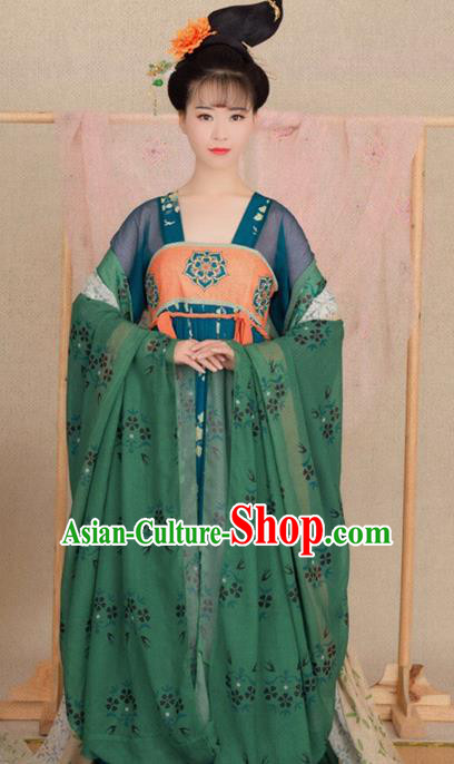 Chinese Traditional Apparels Noble Infanta Green Hanfu Dress Ancient Drama Tang Dynasty Palace Princess Historical Costumes and Hair Accessories Complete Set