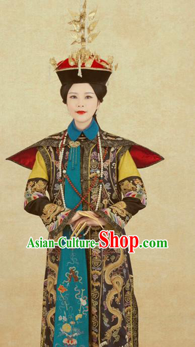 Chinese Traditional Handmade Embroidered Apparels Noble Queen Hanfu Dress Ancient Drama Qing Dynasty Imperial Empress Historical Costumes and Headwear Complete Set