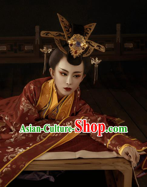 Chinese Traditional Han Dynasty Imperial Empress Historical Costumes Ancient Drama Royal Queen Hanfu Dress Apparels and Headdress for Women