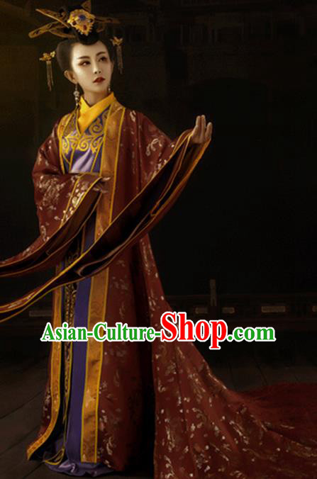 Chinese Traditional Han Dynasty Imperial Empress Historical Costumes Ancient Drama Royal Queen Hanfu Dress Apparels and Headdress for Women