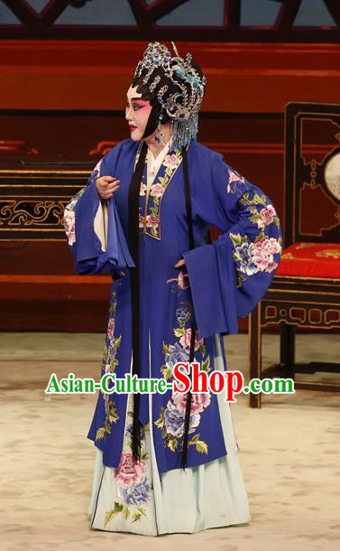 Chinese Cantonese Opera Dame Garment The Lotus Lantern Costumes and Headdress Traditional Guangdong Opera Middle Age Female Apparels Wang Guizhi Blue Dress