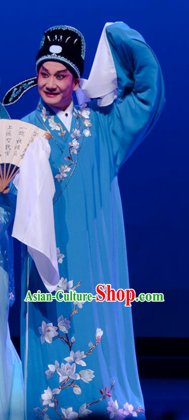 Search the College Chinese Guangdong Opera Xiaosheng Apparels Costumes and Headpieces Traditional Cantonese Opera Scholar Zhang Yimin Garment Niche Blue Robe Clothing