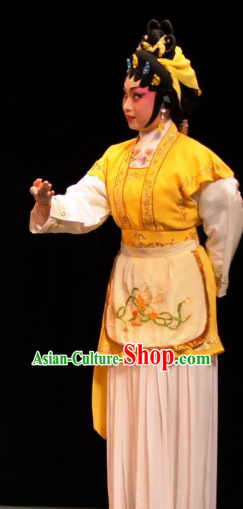 Chinese Cantonese Opera Xiaodan Garment Emperor and the Village Girl Costumes and Headdress Traditional Guangdong Opera Actress Apparels Country Woman Zhang Guilan Yellow Dress