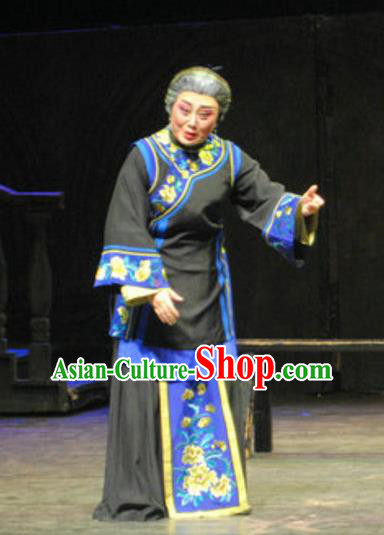 Chinese Cantonese Opera Pantaloon Garment The Watchtower Costumes and Headdress Traditional Guangdong Opera Elderly Female Apparels Dame Black Dress