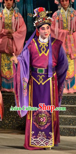Chinese Guangdong Opera Young Male Apparels Costumes and Headwear Traditional Cantonese Opera Xiaosheng Garment Prince Purple Clothing