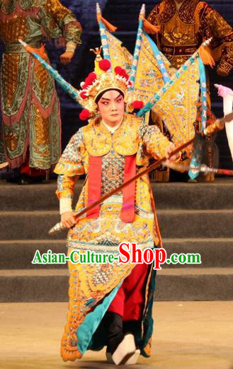 Legend of Er Lang Chinese Guangdong Opera General Armor Apparels Costumes and Headwear Traditional Cantonese Opera Garment Martial Male Kao Clothing with Flags
