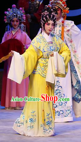 Chinese Cantonese Opera Palace Lady Garment Zhaojun Frontier Song Costumes and Headdress Traditional Guangdong Opera Court Maid Apparels Xiaodan Yellow Dress