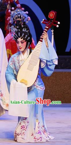 Chinese Cantonese Opera Palace Lady Garment Zhaojun Frontier Song Costumes and Headdress Traditional Guangdong Opera Court Maid Apparels Xiaodan Blue Dress