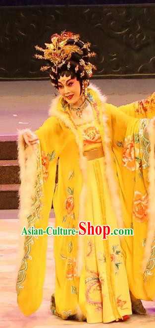 Chinese Cantonese Opera Young Beauty Garment the Ode of Peony Costumes and Headdress Traditional Guangdong Opera Queen Apparels Actress Yellow Dress