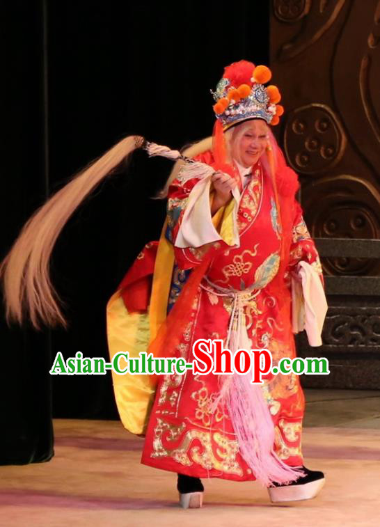 Yu Huang Deng Dian Chinese Guangdong Opera Elderly Male Apparels Costumes and Headwear Traditional Cantonese Opera Garment Eunuch Clothing