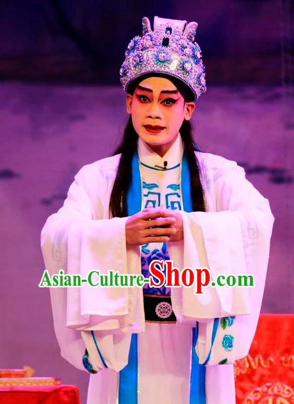 Chinese Guangdong Opera Prince Apparels Costumes and Headwear Traditional Cantonese Opera Young Male Garment Xiaosheng Clothing
