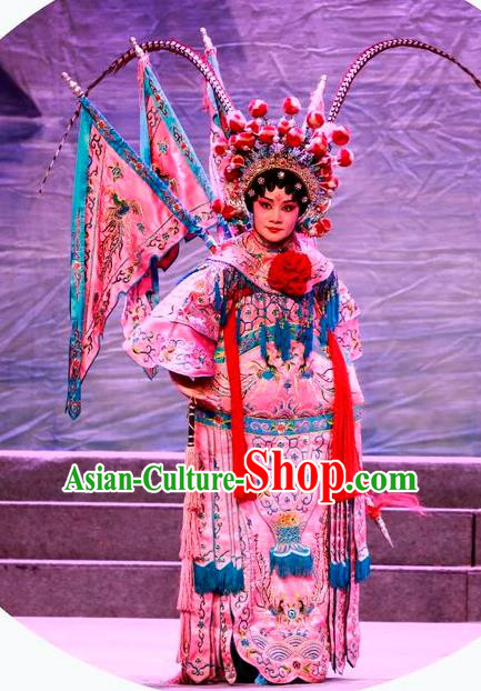 Chinese Cantonese Opera Tao Ma Tan Garment Costumes and Headdress Traditional Guangdong Opera Female General Apparels Dress with Flags