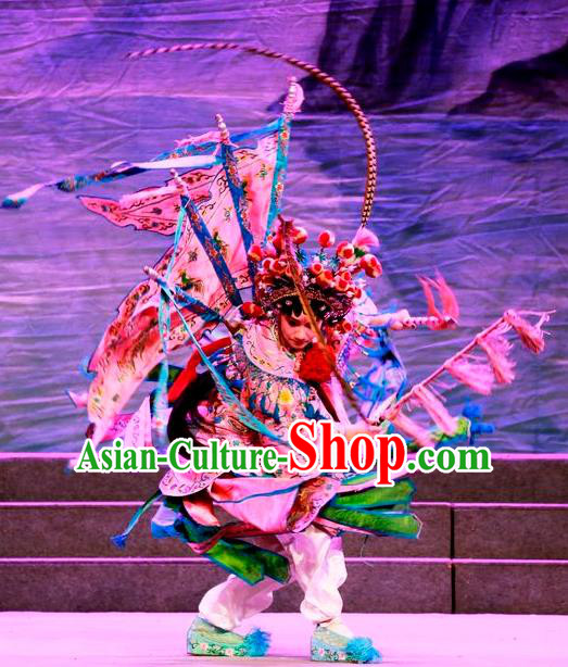 Chinese Cantonese Opera Tao Ma Tan Garment Costumes and Headdress Traditional Guangdong Opera Female General Apparels Dress with Flags
